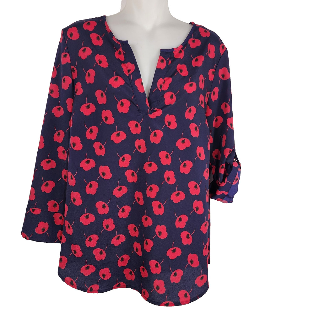 41 Hawthorn Women's Top M Purple Pink Floral Poppy Split Neck 3/4 Tab Sleeve